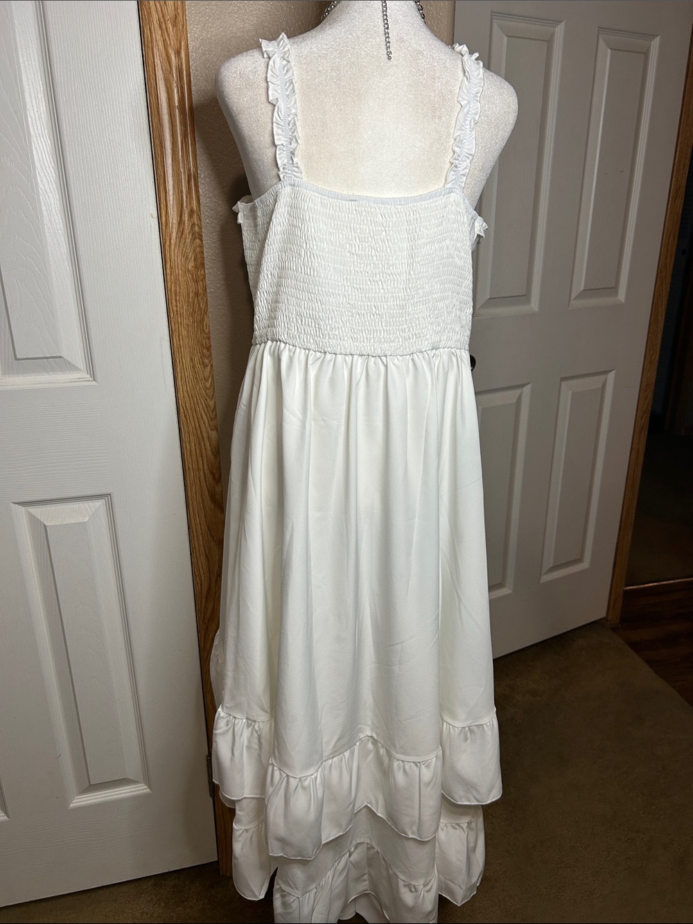 ROMANTIC White Ruffle High-Low Midi Dress with Ruched Bodice - Picture 5 of 7